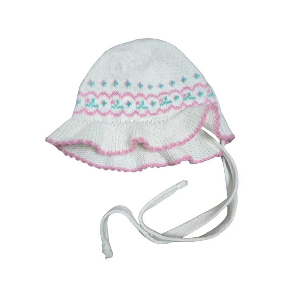 Vintage Handmade Knit Baby Bonnet Cap Heirloom White Pink Floral Tulips Spring